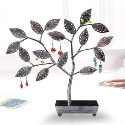 Organisateur d'arbre à bijoux en métal avec nid d'oiseau - Peut contenir 48 paires de boucles d'oreilles et organiser des colliers et des bracelets