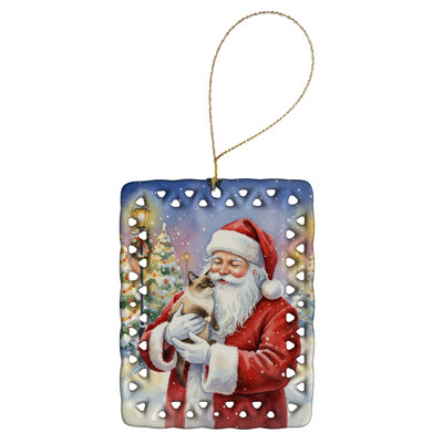 Mekong Bobtail Cat with Santa Claus Porcelain Ornament