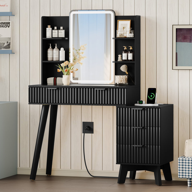 Fluted Vanity Desk with 5 Drawers, Built-in Power Outlet & 26" LED Mirror, 48" Large Fluted Dressing Table with Glass Top and Shelf