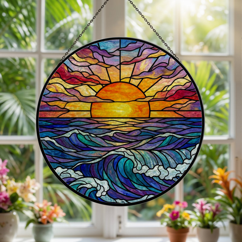 Panneau de vitrail 12 "H Sunset Ocean, 12" H x 12" W