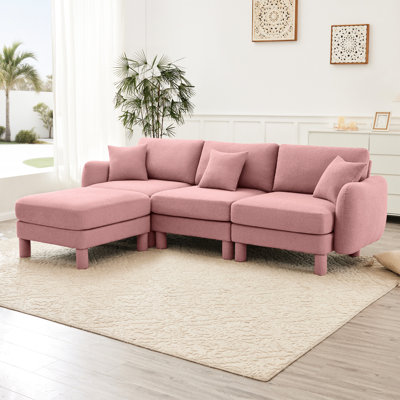 3 - Seater Convertible Pink Boucle Fabric Sectional With Elegant , Cylindrical Legs And Soft Toss Pillows For Office Use L Shape Shell Shaped Removable Breathable Upholstery Bedroom Relaxation