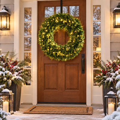 Couronne de Noël artificielle pré-éclairée de 48 pouces, 550 pointes en PE et PVC réalistes, 150 DEL blanc chaud, 8 modes, arc décoratif, décoration de porte intérieure / extérieure couverte
