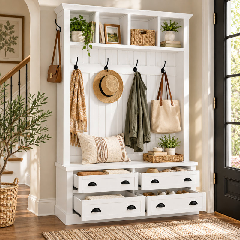 Armoire de vestibule Modern Farmhouse avec banc, organisateur de vestibule avec crochets et casiers de rangement ouverts