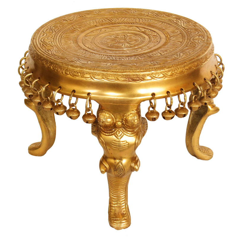 Éléphant en laiton fait à la main 8 pouces Chowki avec Ghungroos - Table d'appoint multi-usages