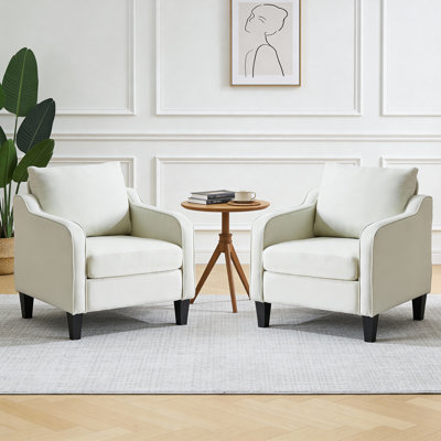 Beige Mid-Century Modern Accent Chair Set Of 2, Linen Upholstered Armchair With Scooped Arms For Living Room & Bedroom