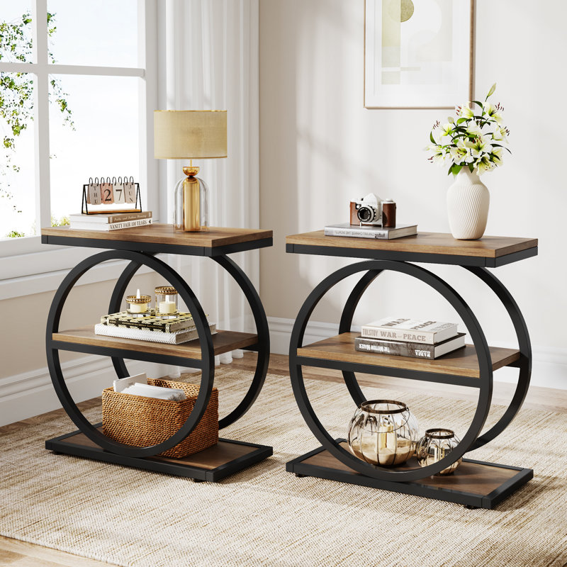 Maneeta Rectangular End Table Set, Light Brown/Black