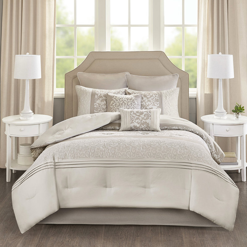 8 pièces pour très grand lit - édredon lavable à la machine élégant, 2 coussins décoratifs, microfibre douce, Naturel