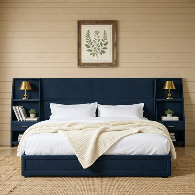 King Size Modern Storage Platform Bed Frame, Upholstered Headboard with Side Bookcases & Drawer, Mattress Excluded