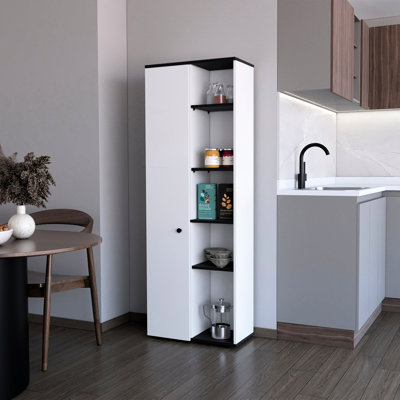 White Wood Kitchen Pantry With Ten Practical Shelves 1-Door And Functional
