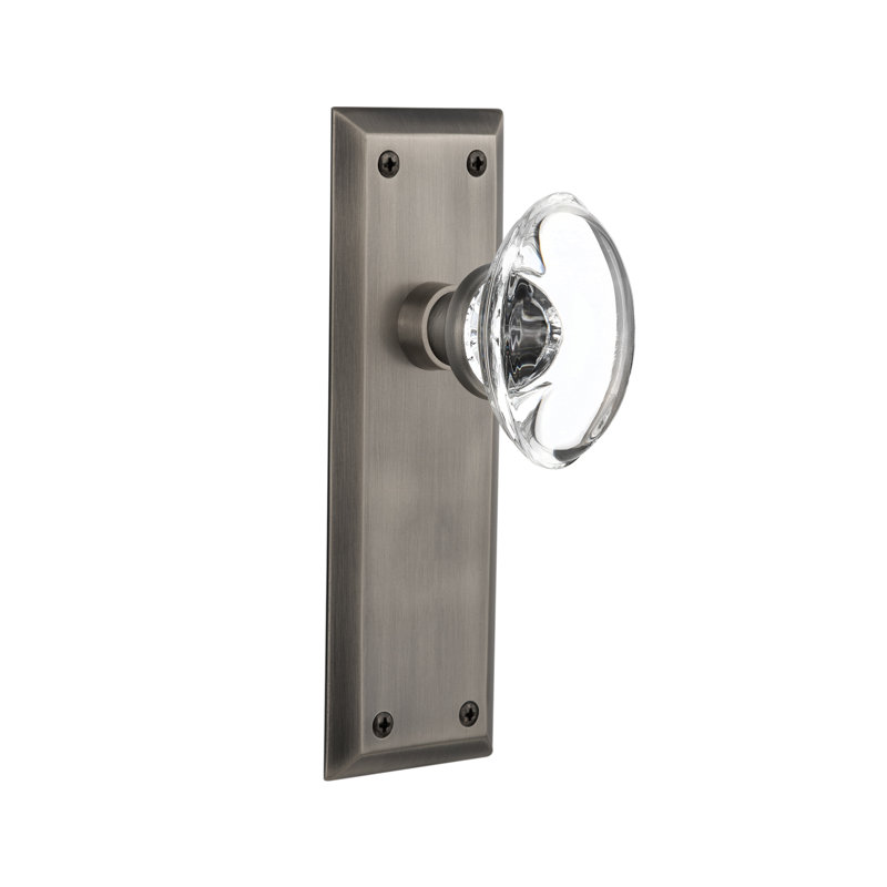 New York Plate with Oval Clear Crystal Door Knob, Antique Pewter, 2-3/4”