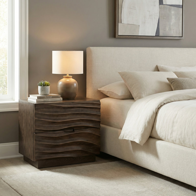 Solid Wood Nightstands With 2 Drawers, Handle-Free Bedside Tables For Bedroom Or Living Room, Brown, Individual