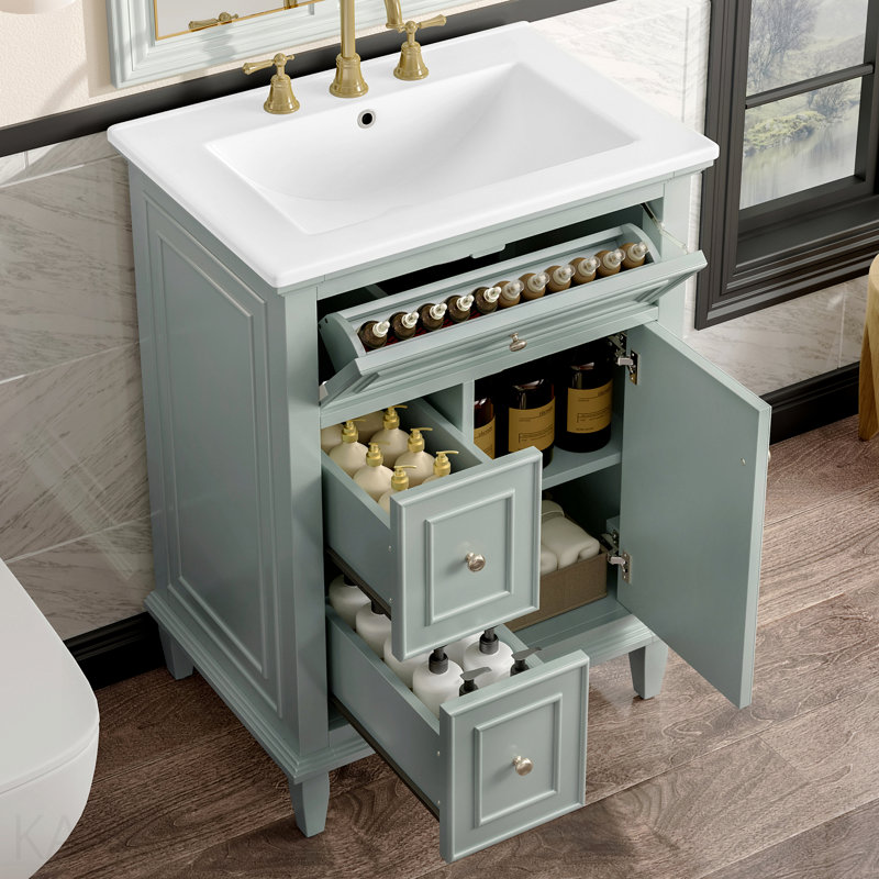 Meuble-lavabo 24 po avec lavabo, meuble-lavabo avec un tiroir rabattable et deux tiroirs, tablette réglable, bois massif et panneau de fibres à densité moyenne, vert