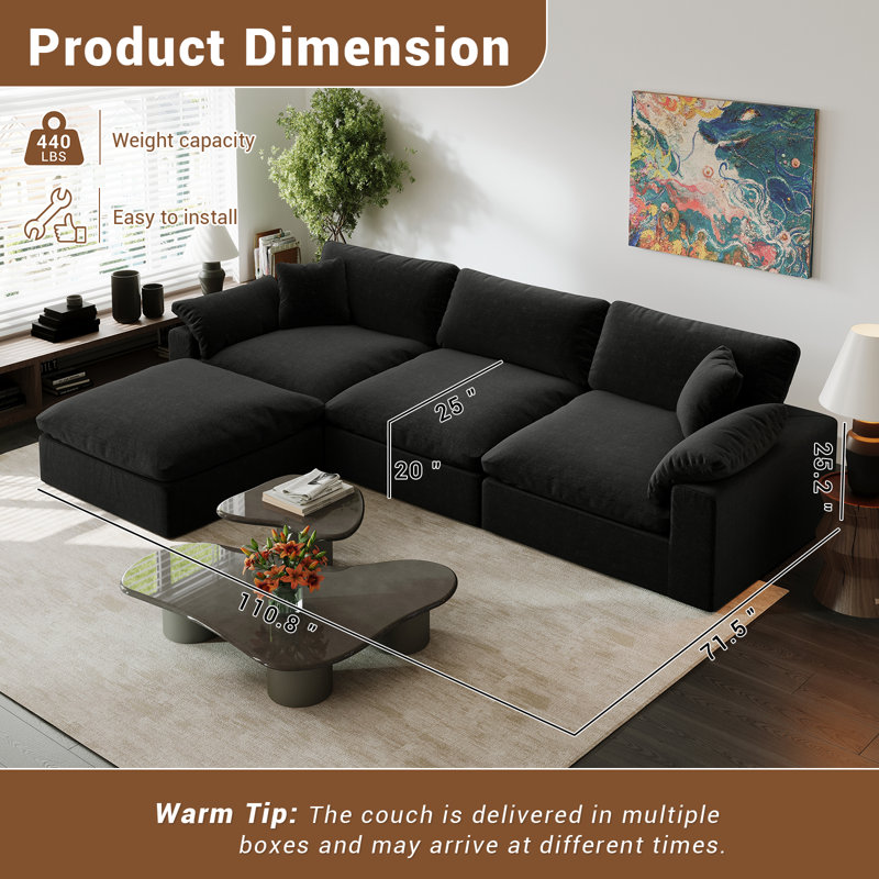 Upholstered Sectional Sofa, Cloud Couch Modular Sofa Deep Seat Couch for Living Room Bedroom, Black