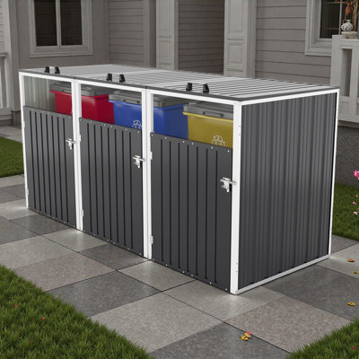 Ventilated Practical Garbage Bin Shed Stores 3 Trash Cans with Pneumatic Support Rod, with Lockable Doors & Waterproof Lid Chain, for Patio,Garden,Backyard