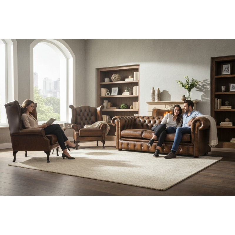 Chesterfield 3 Seater Sofa + 2 X Queen Anne Chairs Leather Sofa Suite Offer, Tan