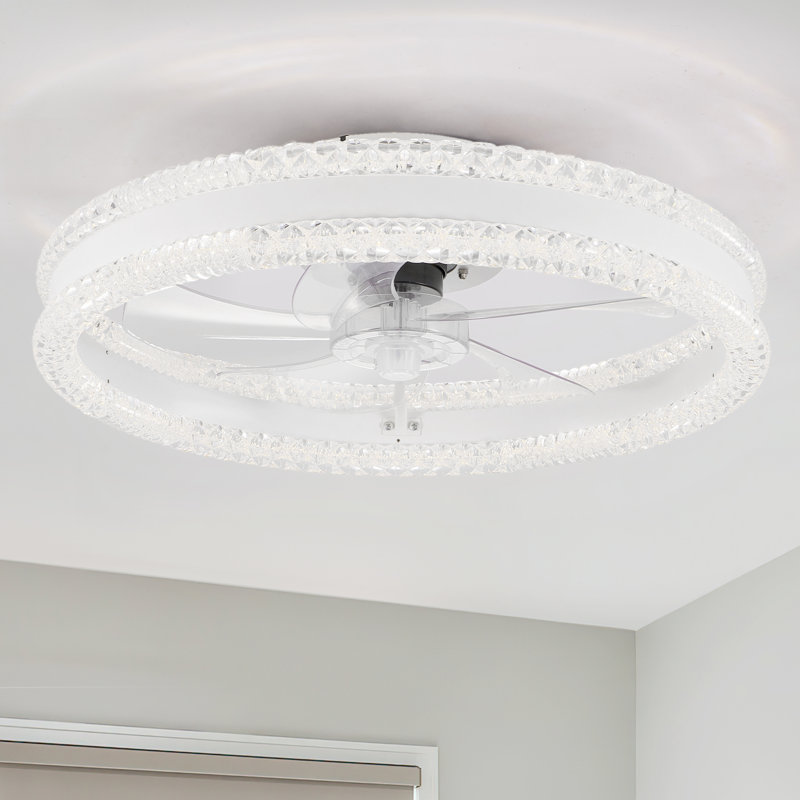 Ventilateur de plafond 20 "en cristal avec lumière DEL et télécommande, ventilateur encastré moderne à deux anneaux, Blanc