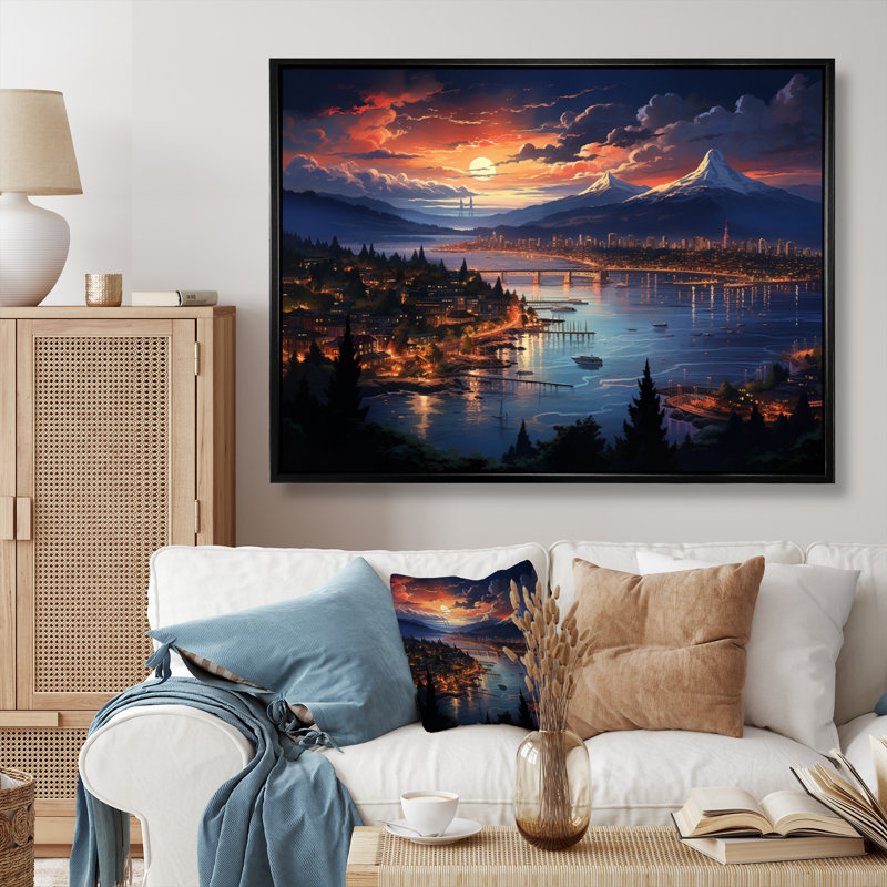 " Cityscape Mountain Twilight I ", Black Floater Framed, 12" H x 20" W x 1" D