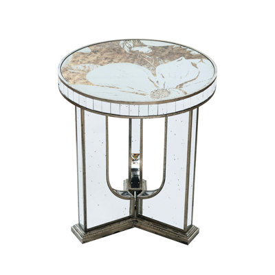 Elegant Side Table With Fascinating Floral Ornaments And Mirrored Silver Finish, 21.5x21.5x25", Suits Entryway , & Glass 21.5x21.5x25" Alluring Patterns Mirror Ideal For Living Areas, Made Of