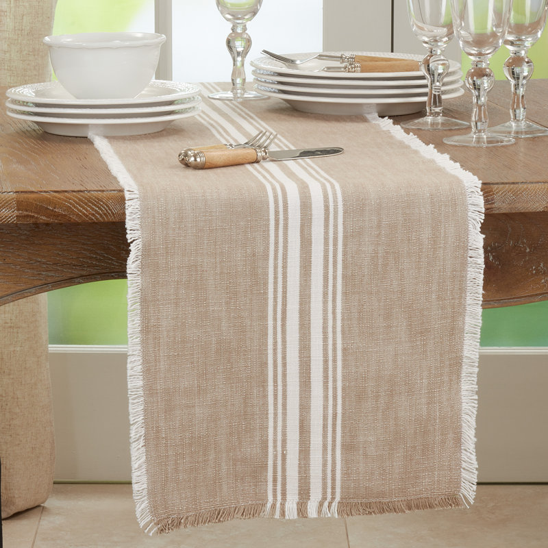 Beige Cotton Striped Fringe Table Runner, 13 x 72 inches