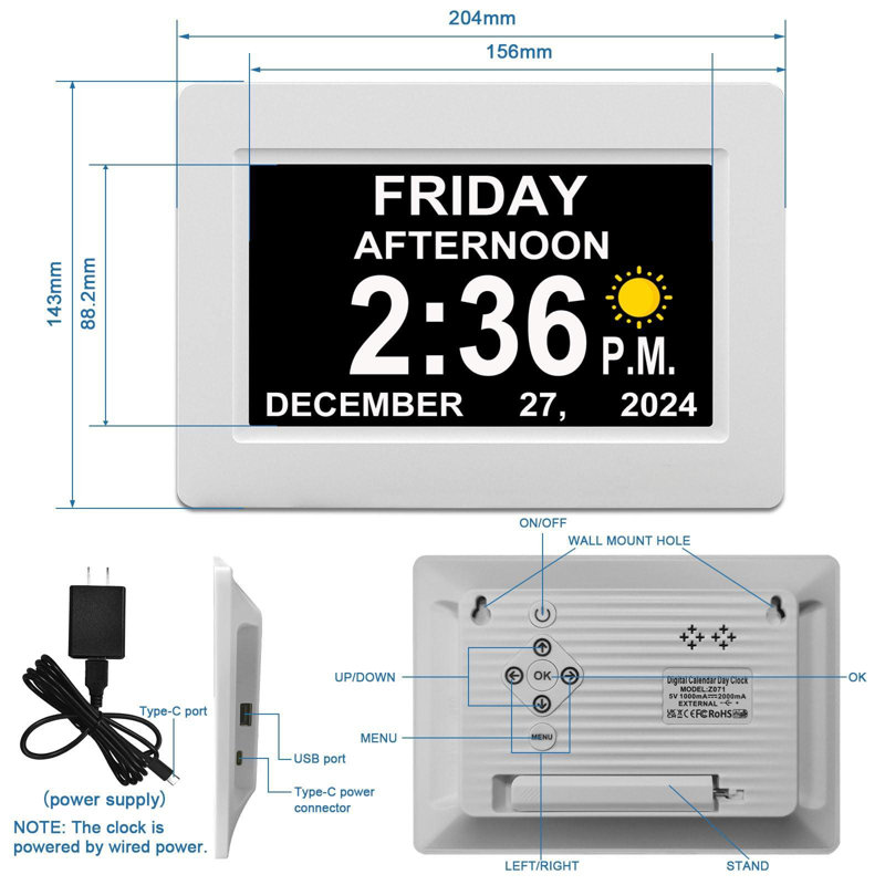 Digital Calendar Alarm Clock, Non-Abbreviated Memory Loss Clock, With Date And Time