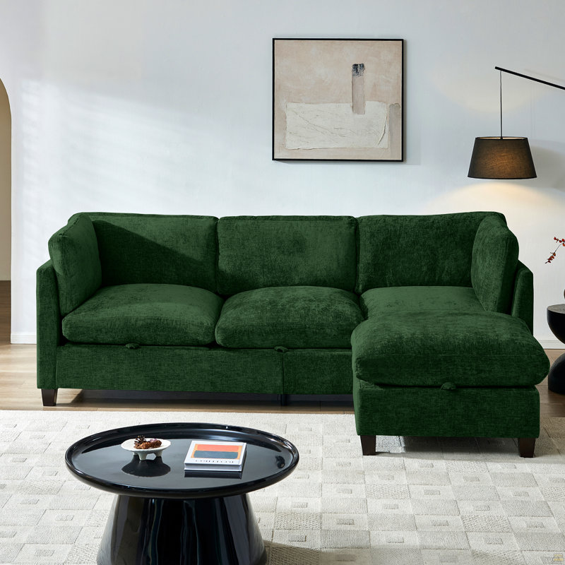 Canapé modulaire en chenille de 96,5 po à 3 places avec repose-pieds en L, Vert foncé