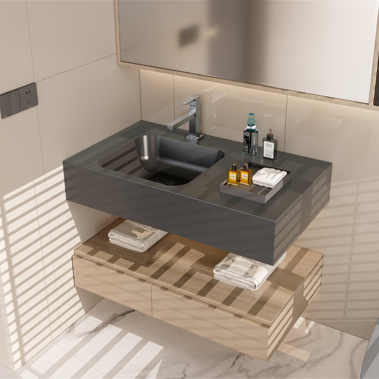31.5" L X 18.1" W X 5.9" D Wall-Mount Bathroom Sink In Matte Black Solid Surface Material SWBS18BK-3218
