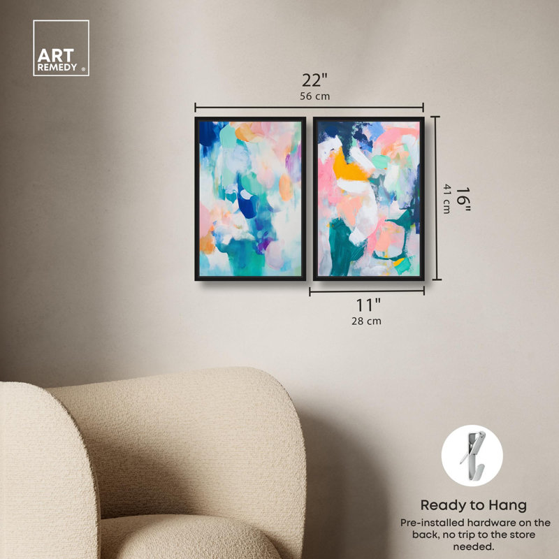 Ensemble de décoration murale « Hues of Serenity » sur toile, couleur rose coucher de soleil, par Art Remedy, cadre noir, 10 x 15