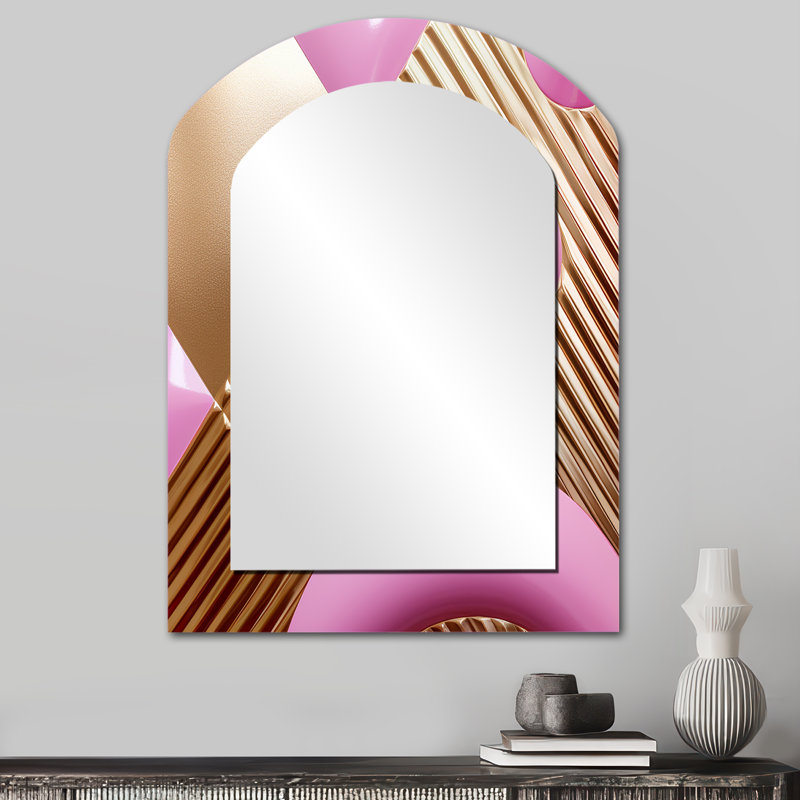 Gold and Pink Shapes in Chaos - Geometric Arch Large Mirror, Modern Asymmetrical Unique Wall Mirror Decor, Printed Metal Art