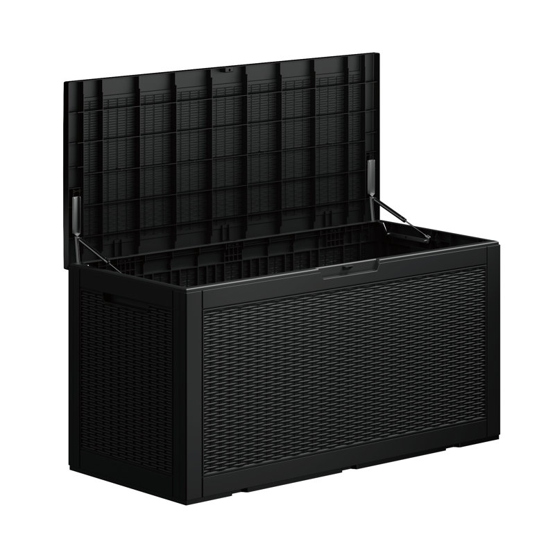 Decksplore 100 Gallons Water Resistant Resin Lockable Deck Box (Rattan weave style), Black
