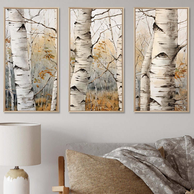 «Beige Silver Birch Tree Beauty III», ensemble de reproductions d'art mural, H 32 po x l 48 po, Cadre flottant érable