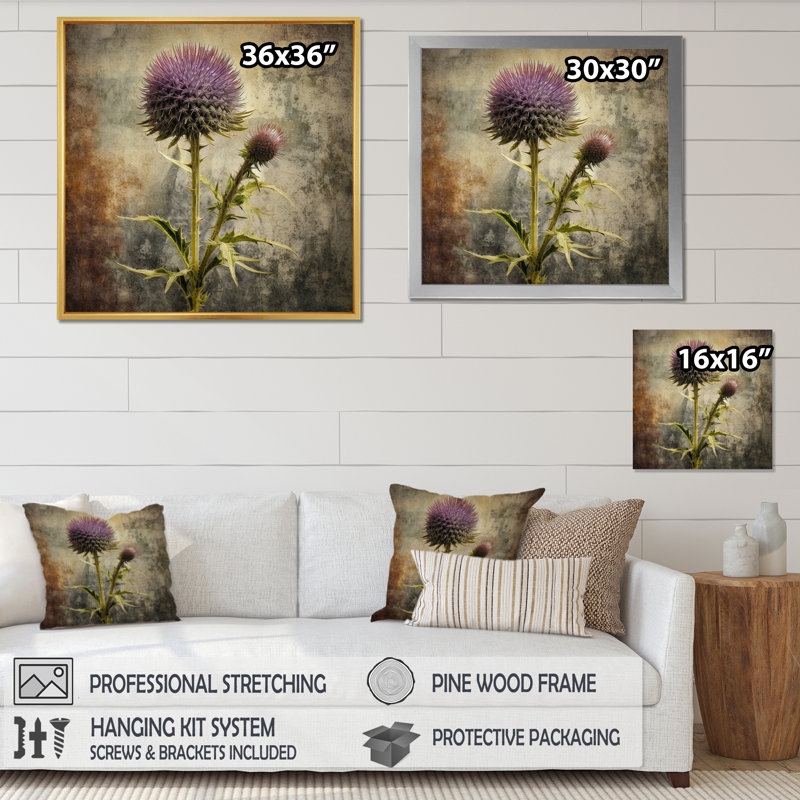 " Purple Green Thistle Whispers ", 36" H x 36" W x 1.5" D, Gold Picture Framed