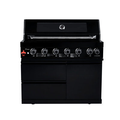 Barbecue îlot de 109 cm (43 pouces) avec six brûleurs à gaz naturel, puissance de 85 000 BTU, surface de cuisson de 6 200 cm² (990 pouces carrés), grille de maintien au chaud en acier inoxydable, grilles de 8 mm, couvercle à double paroi, thermomètre, éclairage halogène, commandes électroniques
