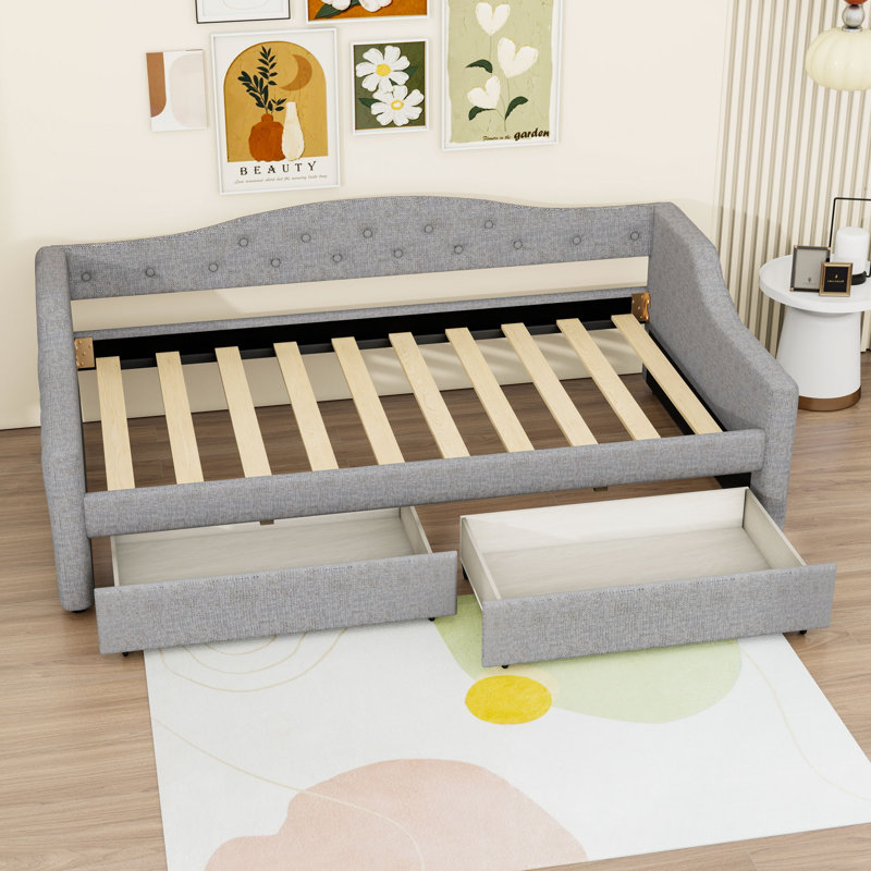 Twin XL Upholstered Daybed with LED Lights, Storage Drawers and Slats, Gray