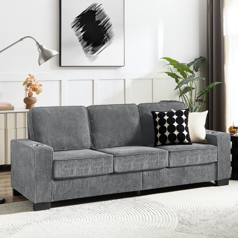 Gris 3 pièces en velours côtelé avec tissu sélectionné 83,86 po, Velours côtelé gris