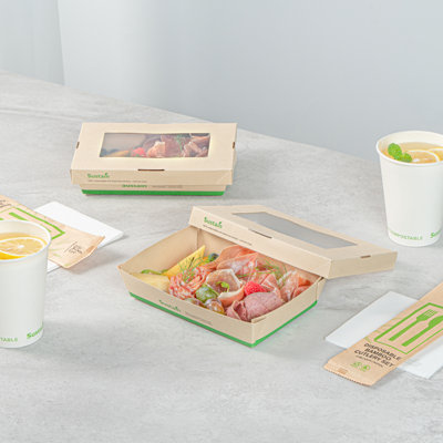 Restaurantware-28 Ounce Sturdy Paper Take Out Boxes, 200 Disposable Take Out Food Containers - With PLA lining, Paper Lid With Clear PLA Window, Bamboo Containers, Compostable, Greaseproof