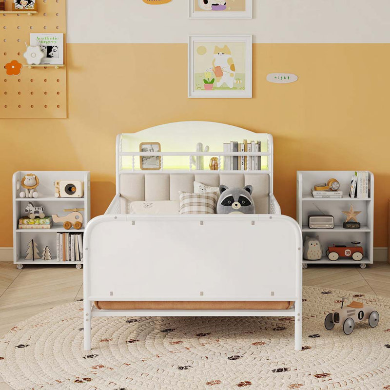 Structure de lit plateforme en métal avec 2 tablettes de rangement coulissantes, Blanc