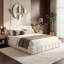 Multi-Sizes EU & UK Upholstered Bed, Modern Cloud Bed Frame with Padded Flange Edge & Embedded Design, Beige/Grey Linen-426914027-423385465