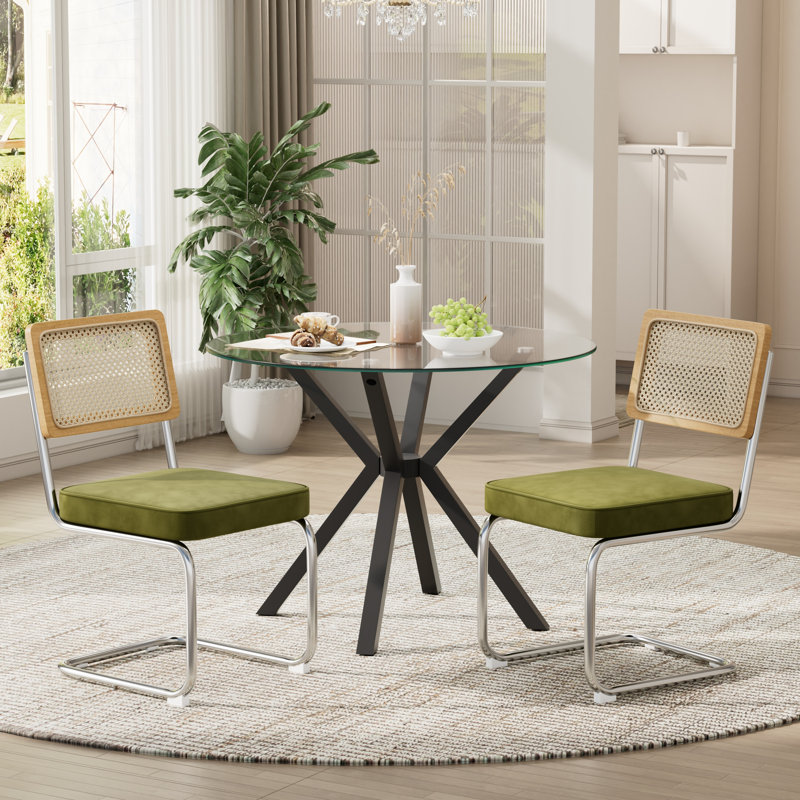 Ensemble de salle à manger 36 po moderne en verre trempé avec chaises en rotin de velours, 3 Pieces: Table, 2 Chairs, Black