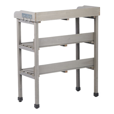 30X14.535.5 Solid Wood Potting Table With Metal Tabletop, 3 - Layer Outdoor Work Bench For Garden, Tier Workstation Hooks, Adjustable Feet Uneven Floors, Space Saving And User Workbench