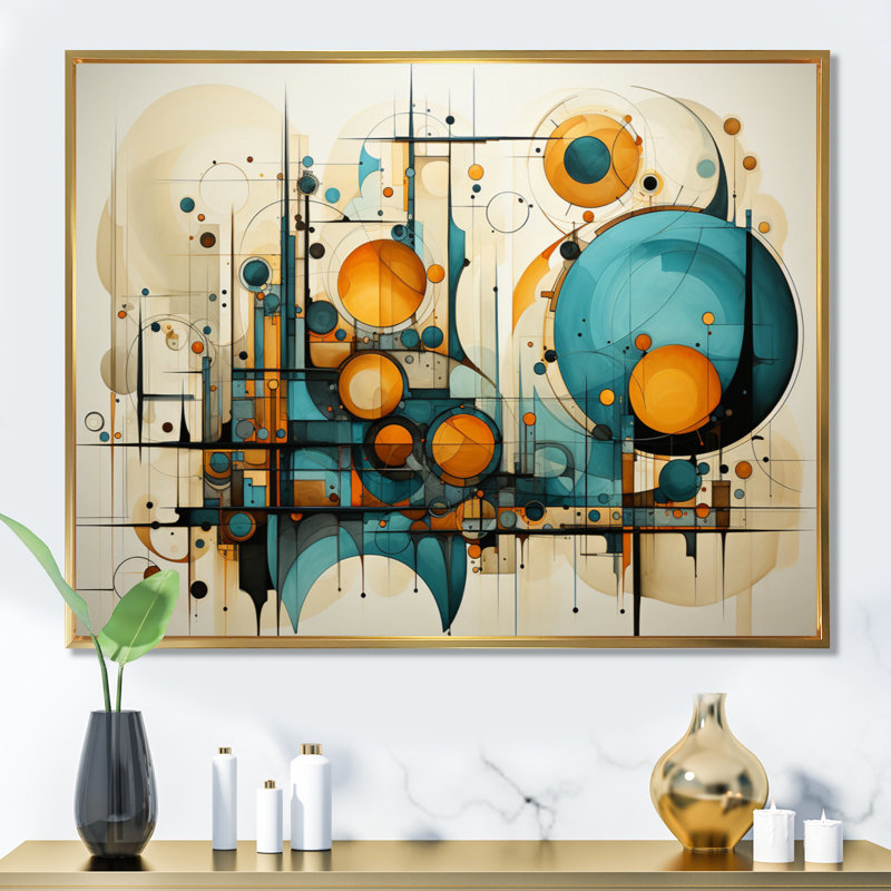 «Garick Teal Yellow Abstract Fractal Collage Melody I», reproduction sur toile, Cadre flottant doré