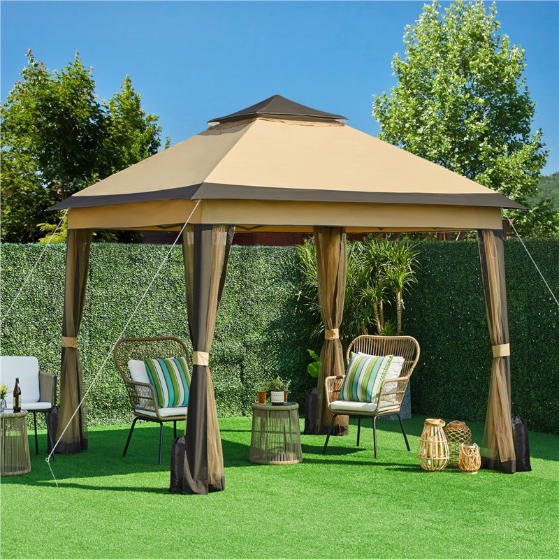 Metal Pop-Up Gazebo, Khaki/Brown, 291cm H x 333cm W x 333cm D