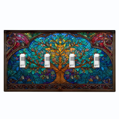 Couvercle de plaque d'interrupteur en métal; Bascule à 4 bandes US standard - image imprimée de l'arbre de vie en verre coloré