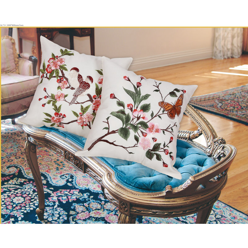 Embroidered Bird Design White Polyester Square Pillow Cover
