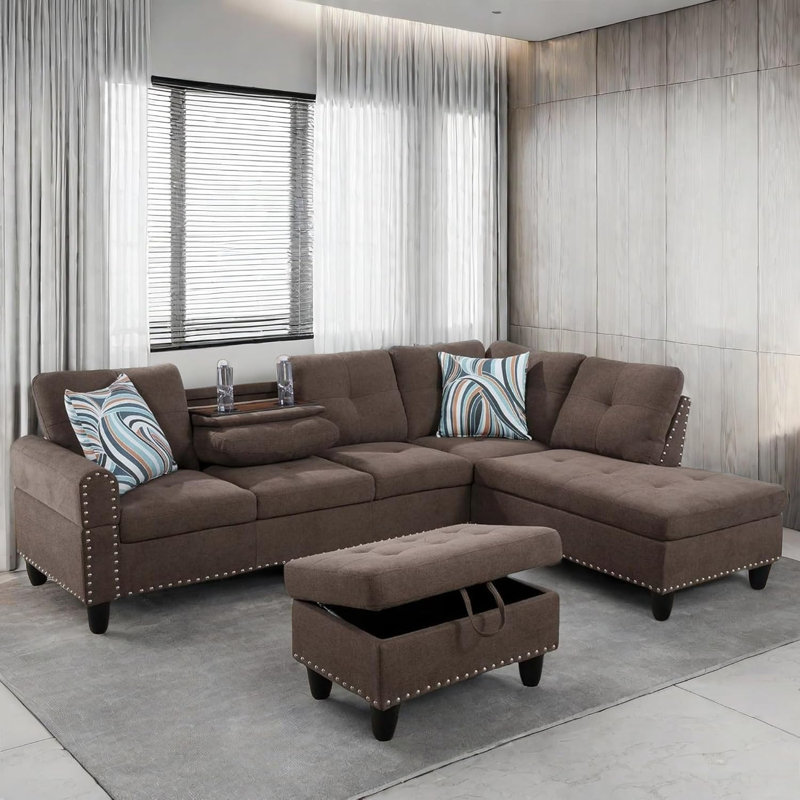 Ensemble de canapé modulaire en L brun de 97,5 po de largeur - 3 pièces, Orienté à droite