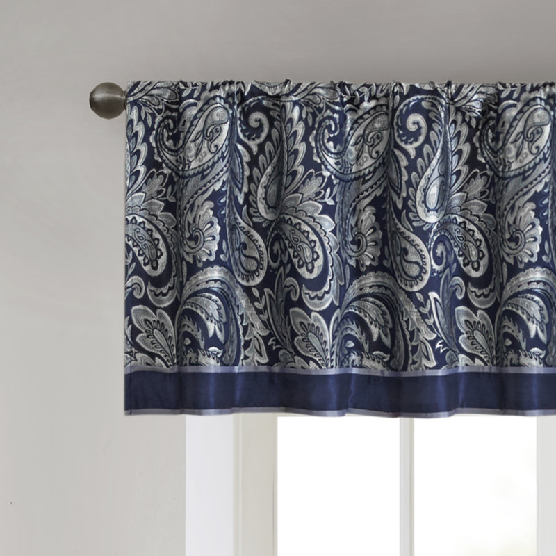 Navy Faux Silk Jacquard Rod Pocket Valance