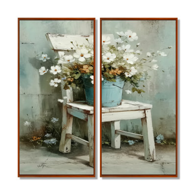 «Wildflowers On A Country Home Vintage Wood Chair - Art mural campagne, impression sur toile de campagne blanche 2 pièces