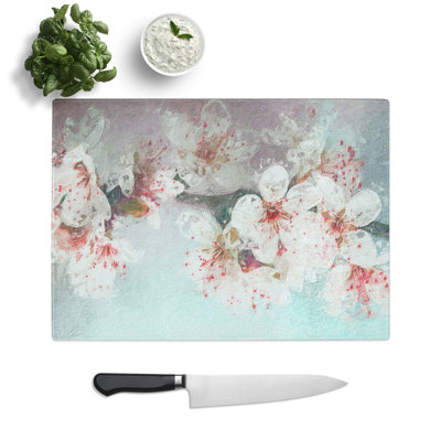 Tempered Glass White Blossoms in Abstract Chopping Board