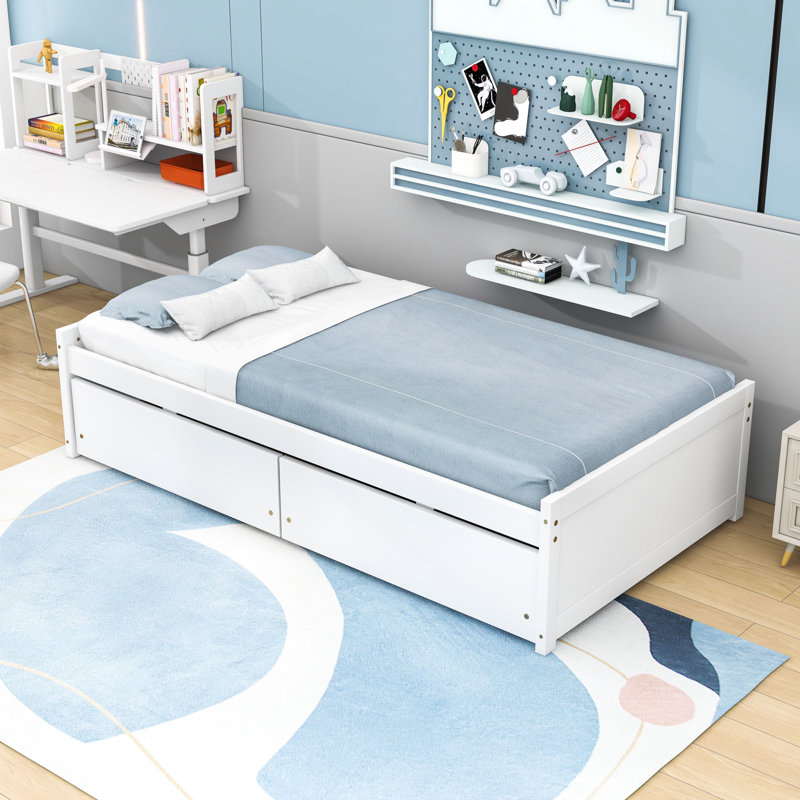 Lit plateforme simple avec tiroirs et rangement, Blanc
