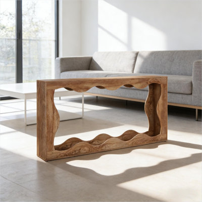 Table basse de salon, canapé rectangulaire long en bois étroit avec devant ondulé, brun, 63,04 po x 11,82 po