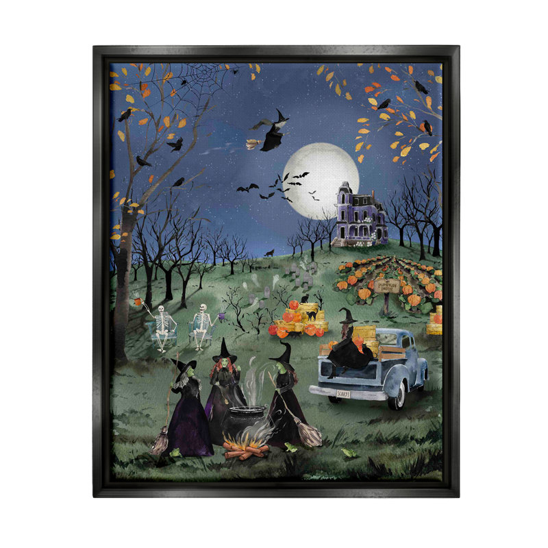 Autumnal Witches Scene Black Framed Floater Canvas Wall Art by Heatherlee Chan, Jet Black Floater Frame